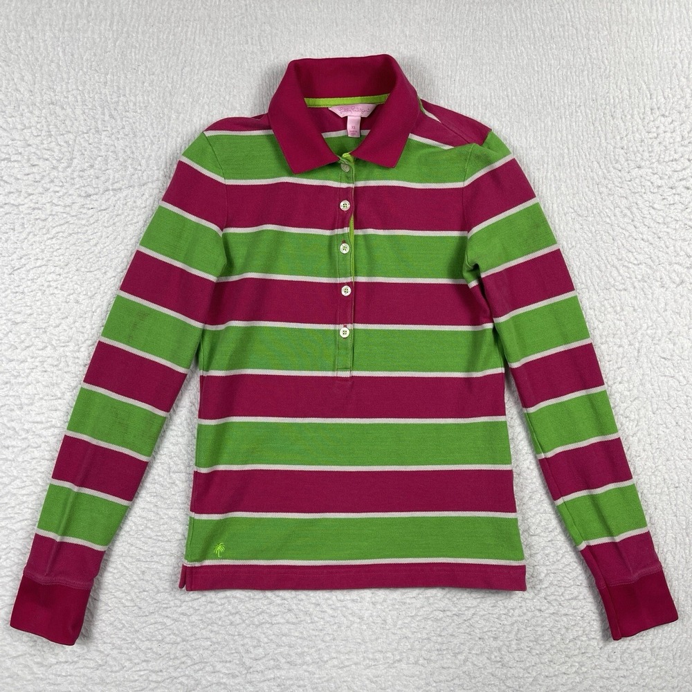 Lilly Pulitzer Shirt Womens XS Green Pink Striped Preppy Casual Travel Hike Camp